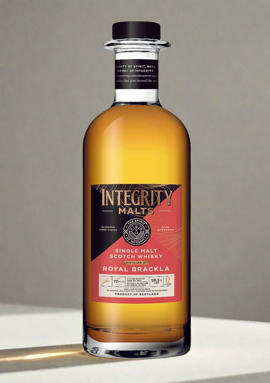 Bottle of Integrity Malts Royal Brackla whisky on a neutral background